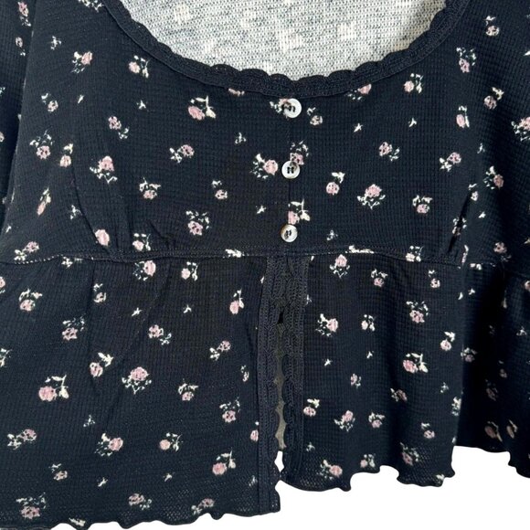 NWT Kirious Waffle Knit Baby Doll Crop Top M Floral Thermal Knit Long Sleeves - Picture 5 of 7